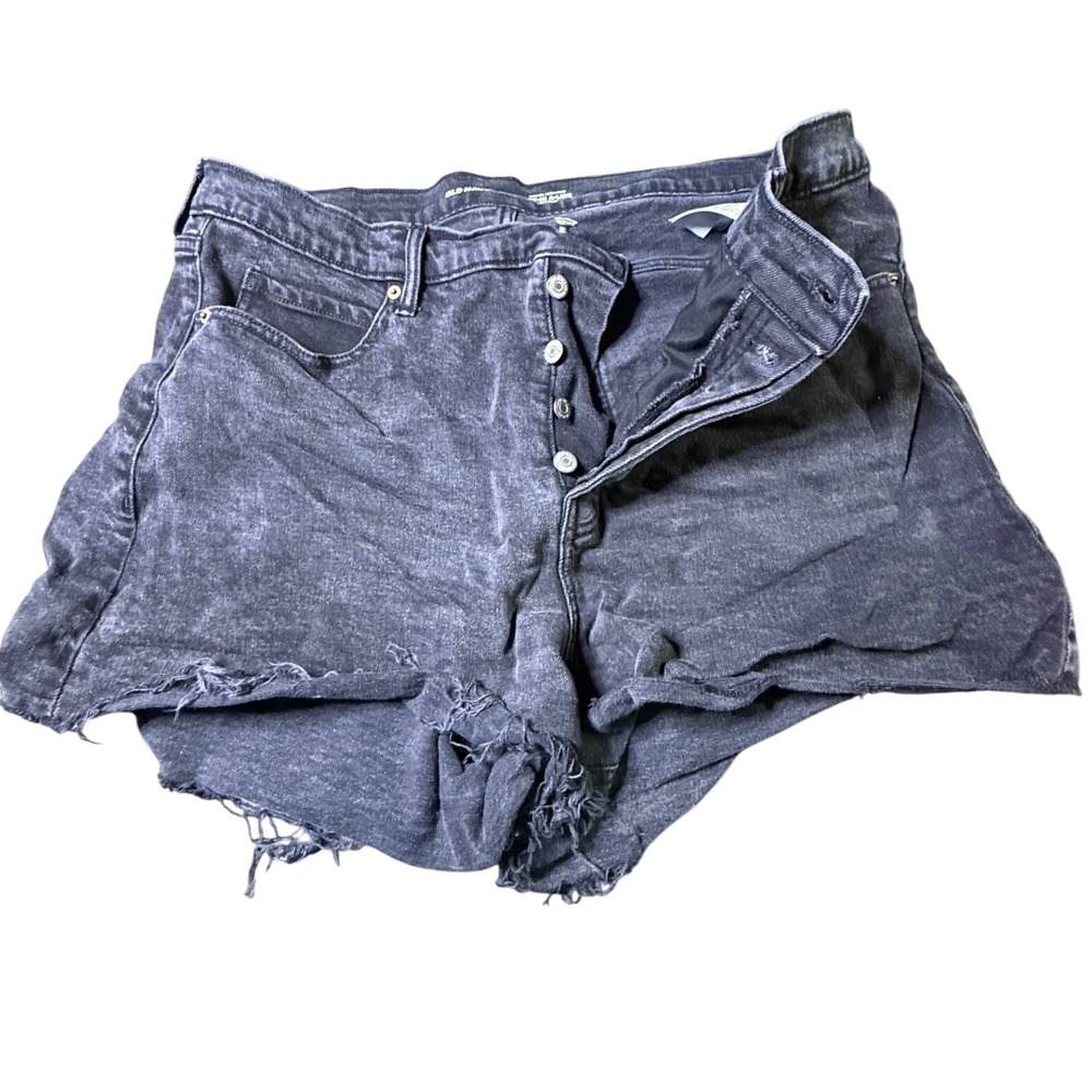 Old Navy Sky-Hi A-Line Denim Shorts Black High Rise Button Fly Frayed Hem Sz 18